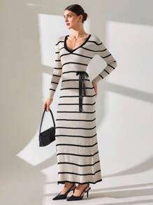 CLARA VERO Elegant Coastal Striped Maxi Knit Dress With Waist Bow Detail,Winter Dresses For Women,Petite - Black and White - View 5