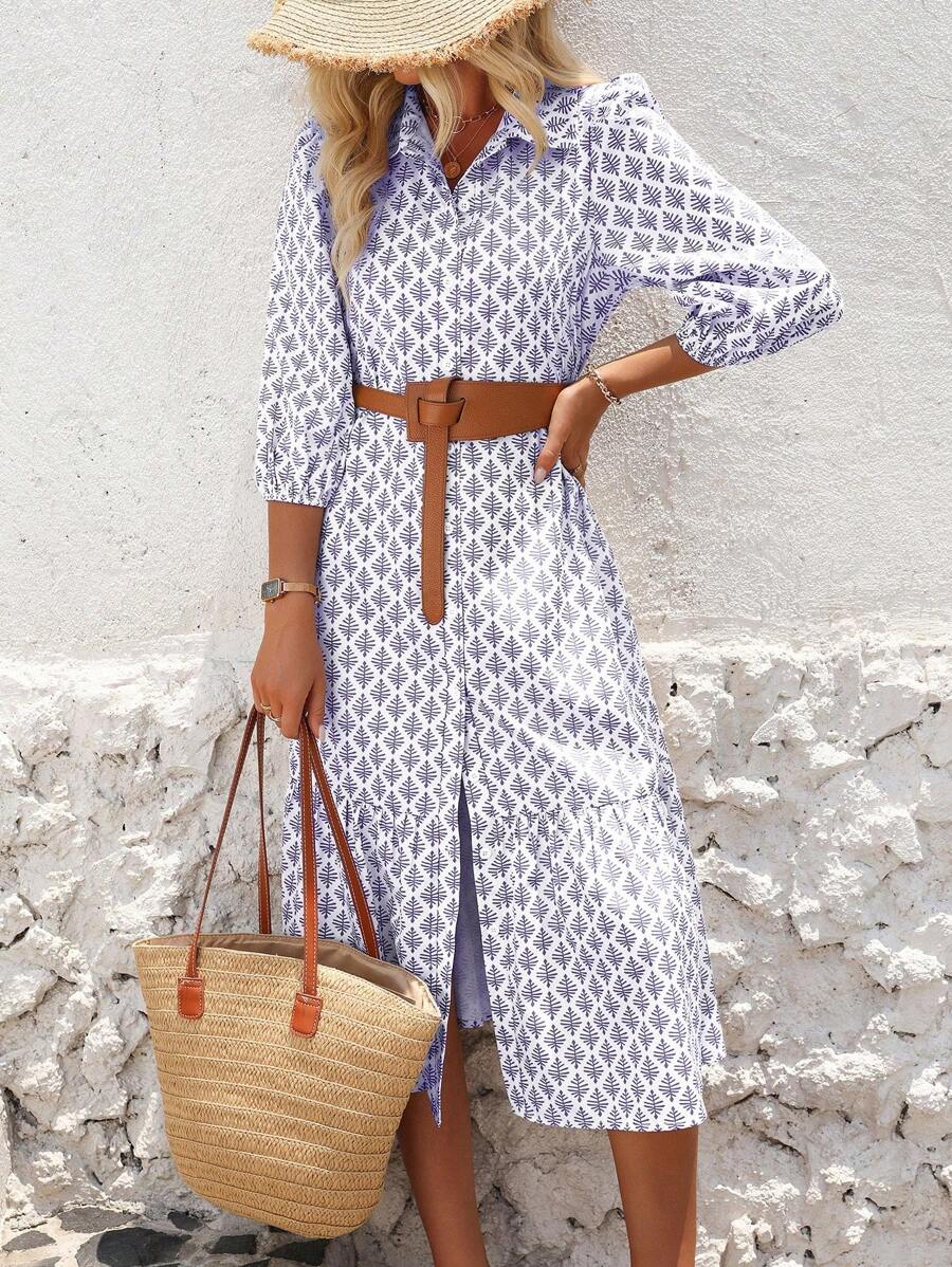 SHEIN LUNE 印花灯笼袖长裙女装 - 紫色 - 查看 1