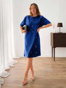 Women Rhinestone Embroidery Detailed Mini Sweat Dress - Blue - View 4