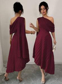 Rafferiza Đầm dài xếp ly một bên vai bằng vải chiffon thanh lịch dành cho nữ, vải voan bóng mùa xuân/hè - Màu Đỏ Sâu - Xem 4