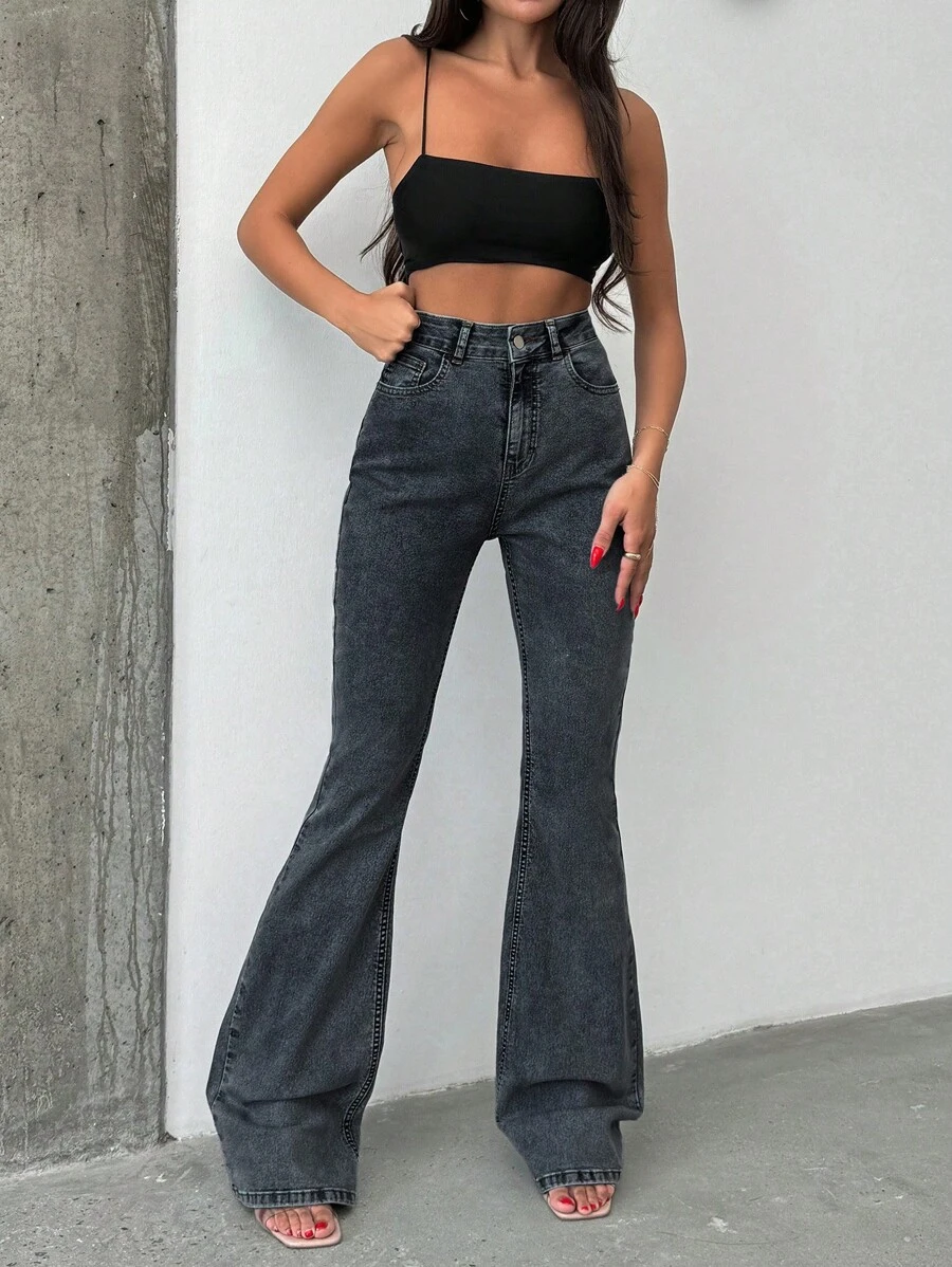 SHEIN Tall HIGH RISE FLARED LONG BLACK JEAN TALL - Dark Grey - View 1