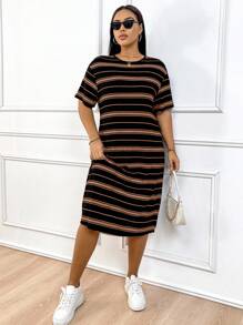 Solflare 女式大码黑白条纹修身短袖圆领连衣裙，夏季 - 棕色 - 查看 4