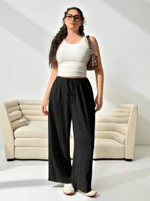 SHEIN EZwear Women's Plus Size Loose Apricot Wide-Leg Woven Pants