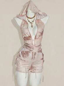 SHEIN ICON 女式复古纹理谷仓风格连帽腰带露背性感连体裤 - 杏色 - 查看 6