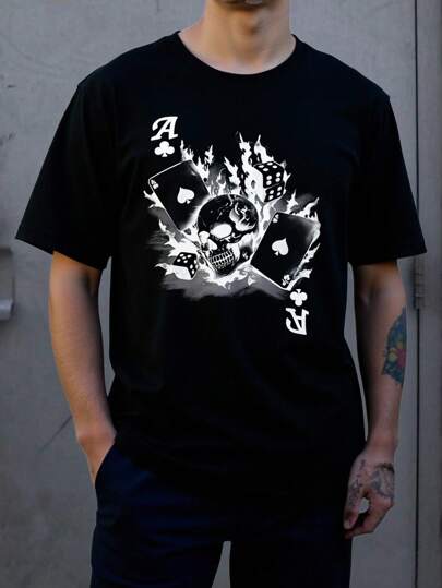 EASEVO Plusstorlek Herr Dödskalle & Spelkortstryck Rund Halsad Lös Avslappnad Kortärmad T-shirt