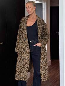DAZY Abrigo largo y grueso de solapa de leopardo de doble botonadura de manga larga y holgado para mujer, otoño/invierno - Caqui - Ver 4
