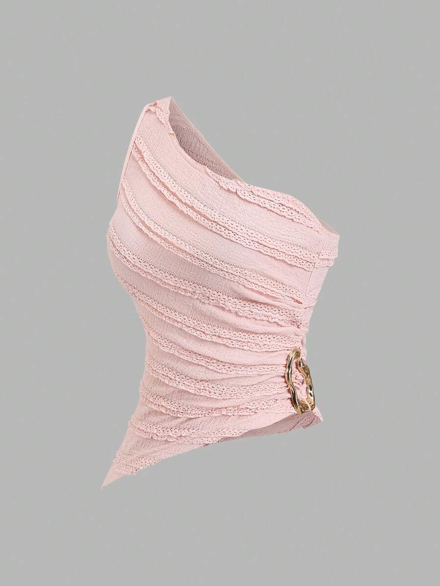 Sweetra 女士春夏新款适合海滩度假纹理面料不对称露肩设计杏色金属纽扣装饰衬衫 - 粉色 - 查看 1