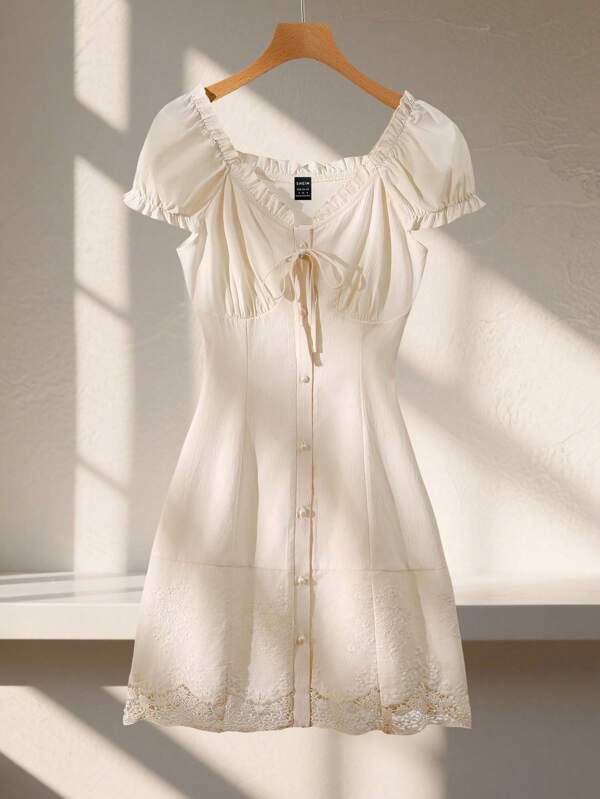 Franclia Vestido corto de verano/primavera ajustado de hombros descubiertos, con volantes, encaje y cordón de cierre estilo francés elegante y dulce para mujer