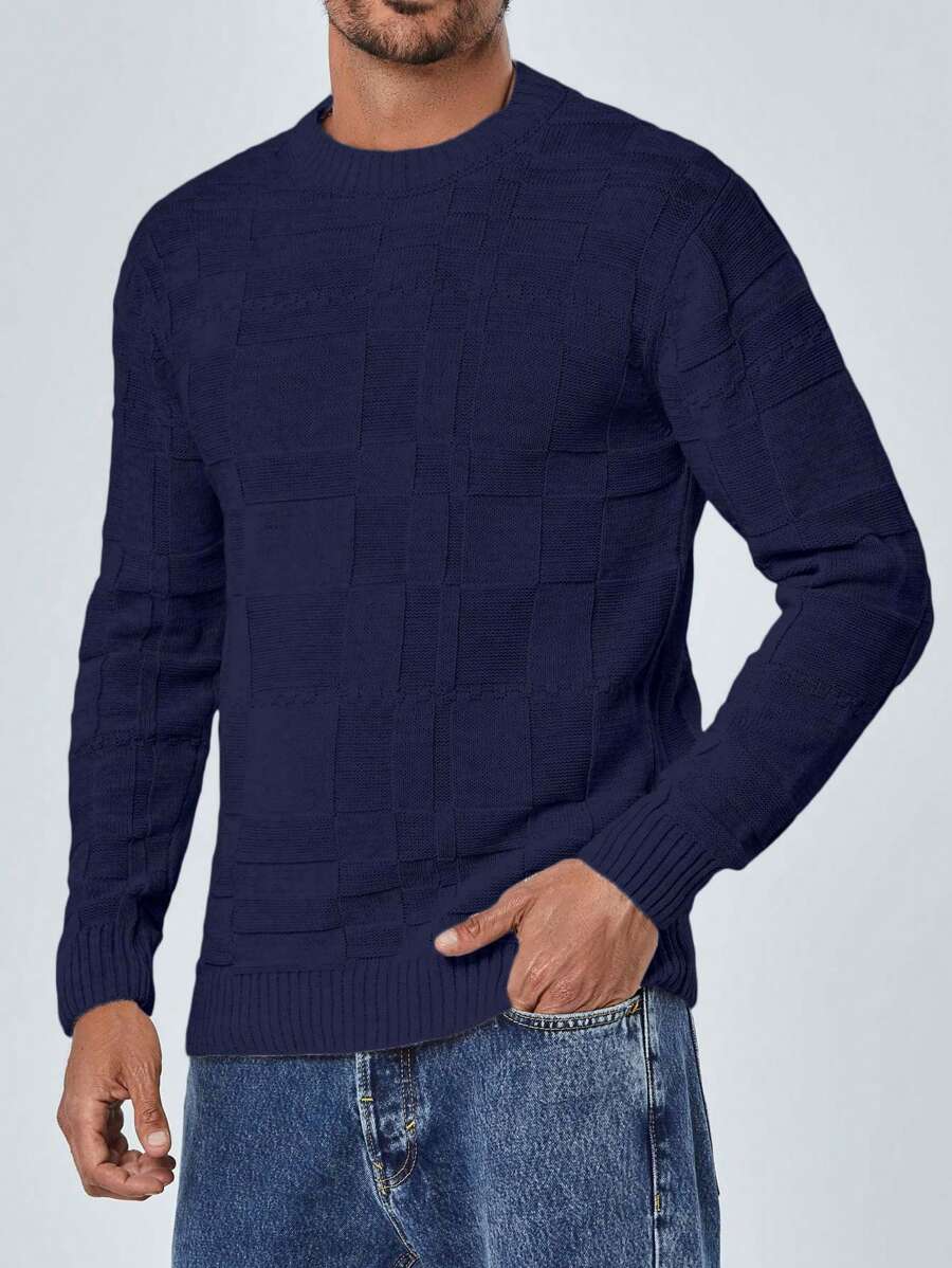 SHEIN Cottnline Men's Round Neck Long Sleeve Sweater - Navy Blue - View 1