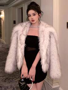 DAZY 女士翻领开襟人造毛皮外套，秋冬时尚女式外套 - 白色 - 查看 1