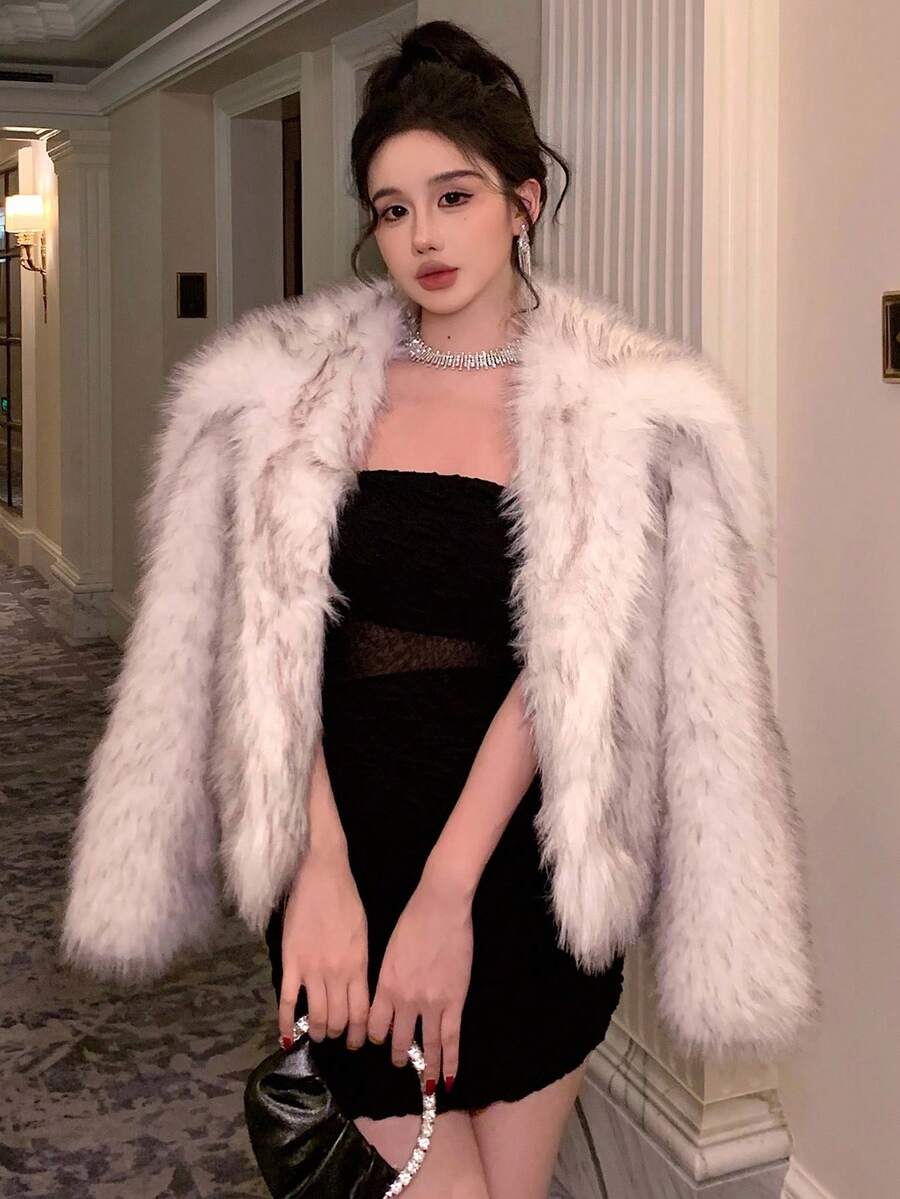 DAZY 女士翻领开襟人造毛皮外套，秋冬时尚女式外套 - 白色 - 查看 1