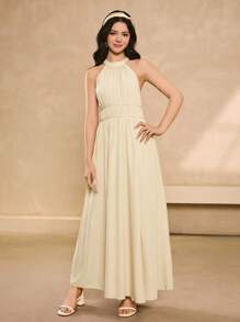 少女圆领 A 字腰高开衩优雅舞会礼服、派对连衣裙 - 杏色 - 查看 3