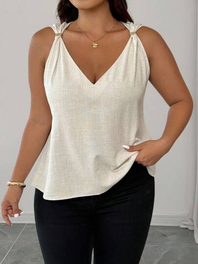 Elenzga Blusa de mujer de talla grande, elegante y casual con cuello en V y sin mangas, de tela de lino ligera con decoración metálica, adecuada para trabajo, viajes y vacaciones, primavera/verano
