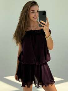 Aloruh Date Night Outfits Women Eggplant Purple Women's Vacation Cute & Sexy Daily Wear Chiffon Off Shoulder Mini Dress - Red Violet - View 5