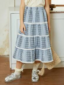 Hapijoa 女童时尚拼接蕾丝边格子迷你裙，适合夏季度假 - 彩色 - 查看 7