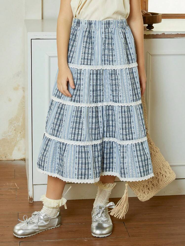 Girls Tween Girl Fashion Patchwork Lace Trim Plaid Mini Skirt For Summer