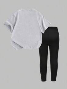 女童休闲时尚创意可爱卡通蓝色兔子与字母标语图案印花短袖T恤+长裤2件套搭配服装（2套单独出售） - 彩色 - 查看 2