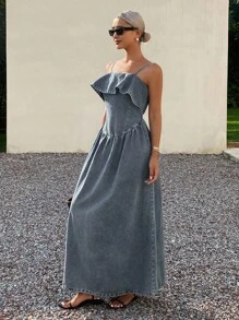 DAZY Vestido Feminino de Ganga com Cintura Franzida e Cinturada - Azul - Visão 3