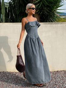 DAZY Vestido Feminino de Ganga com Cintura Franzida e Cinturada - Azul - Visão 5