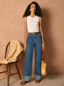 Poéselle 女式休闲水洗高腰直筒牛仔裤 - 中等水洗藍 - 查看 3