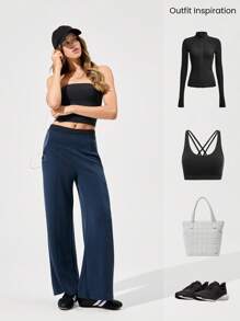 GLOWMODE 莫代尔丝绸触感阔腿高腰休闲裤，带侧袋，日常休闲秋季