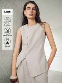 Uhlyne Uhlyne Women's Linen Asymmetrical Hem Button-Front Cardigan & Matching Pants Set,Beige,Summer,Chic,Brunch Vacation Style Solid Color Casual Work Wear - Apricot - View 8