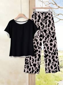 EMERY ROSE 2pcs Women's Solid Color Top And Full-Print Long Pants Set, Spring/Summer Suitable For Going Out