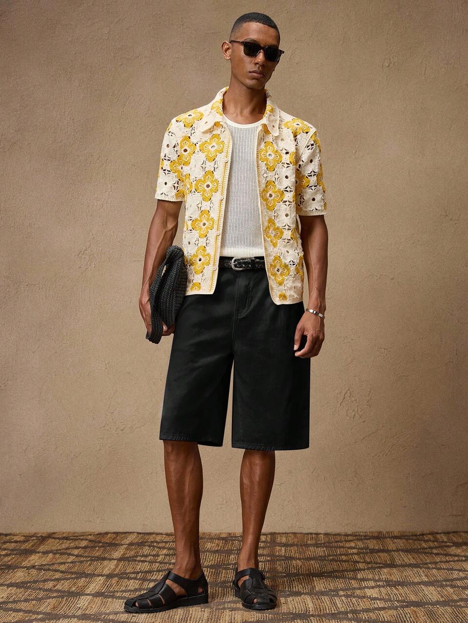 Men's Black Denim Metal Decor Casual Loose Elastic Waist Straight Leg Shorts,Summer,Streetwear,City Break,Commute,Spring/Summer,Vacation,Beach Wear