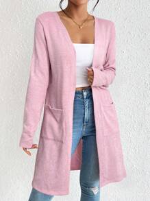 SHEIN Essnce Áo khoác cardigan dệt kim hở mặt trước, thanh lịch tối giản, hai túi dành cho nữ, áo khoác cardigan mùa hè dành cho nữ, trang phục mùa xuân dành cho nữ, áo khoác cardigan mỏng, áo khoác cardigan màu hồng, áo khoác cardigan nữ vào mùa thu/đông - Hồng - Xem 3