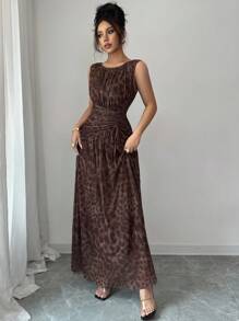 Rafferiza 女士优雅豹纹网眼圆领褶饰束腰 A 字长裙，无袖 - 咖啡 - 查看 7