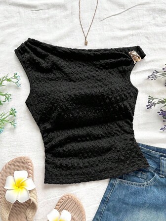Soleia Vacation Sexy Asymmetrical Neck Metallic Ruched Fitted Women Top, Suitable For Party, Vacation, Music Festival, Bohemian, Holiday Dates, Afternoon Tea, Crochet, Linen, Black Summer Top Summer Tops Textured Top ,Off The Shoulder Top