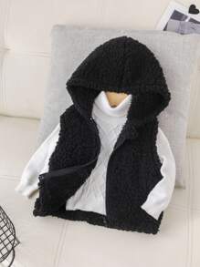 SHEIN Babygirl 可爱百搭黑色蓬松连帽背心外套，秋冬休闲装 - 黑色 - 查看 2