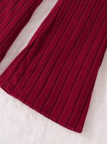 Sparklyn 2pcs/Set Tween GirlsElegant Jeweled Ribbed Fuzzy Crew Neck Puff Sleeve Top And Simple Knitted Long Pants Casual Outfits, Autumn/Winter Fall - Burgundy - View 4