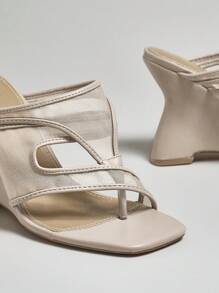 SHUZIA 女士不对称绑带装饰坡跟可爱性感女性派对基本款网眼灰褐色高跟凉鞋 - 淺灰色 - 查看 6