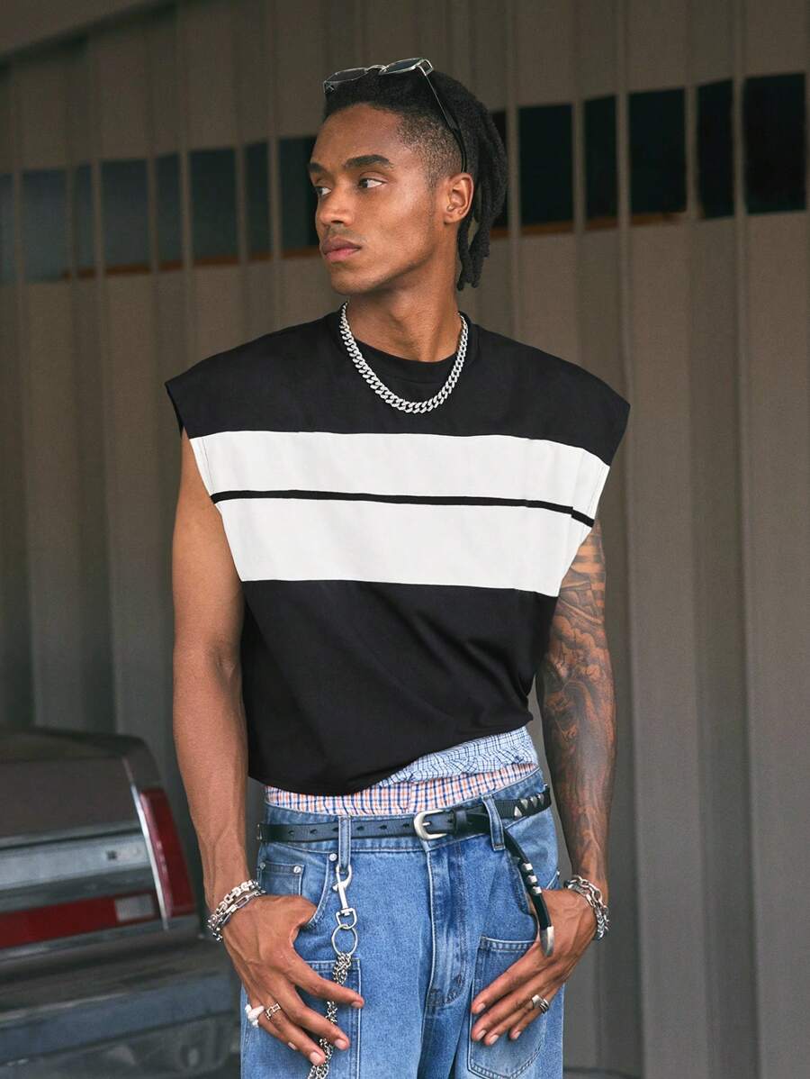 AXEPEAK Fashionable Contrast Color Round Neck Loose Casual Men Tank Tops, Summer - Multicolor - View 1