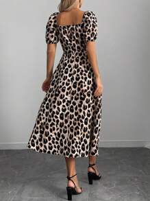 Elenzga Plus Size Women Leopard Print Off Shoulder Bowknot Tie Dress With High Slit