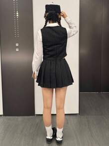 SHEIN 青少年女孩休闲简约舒适条纹翻领长袖衬衫、背心和裙子三件套 - 黑色 - 查看 5