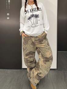 SHEIN 少女复古棕榈树热带岛屿度假风圆领百搭休闲运动衫 - 白色 - 查看 2