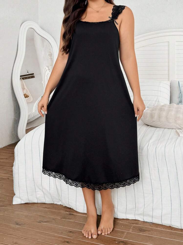 Snug Zone Sweet Lace Patchwork Bow Slip Dress, Casual Plus Size Women Nightgown - Black - View 6