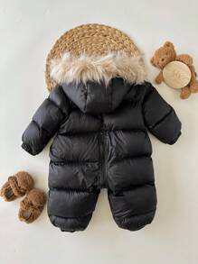 SHEIN 女婴拼接毛绒连帽衫 束腰冬季夹克 - 黑色 - 查看 2