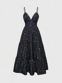 ROMWE Goth Retro Moon & Plant Print Spaghetti Strap Long Dress
