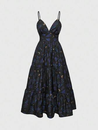 Goth Retro Moon & Plant Print Spaghetti Strap Long Dress
