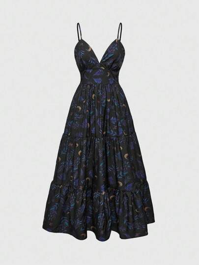 Goth Abito lungo con bretelle a spaghetti, stampa retrò a luna e piante