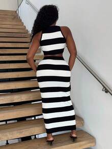 Alexandranx Two Tone Halter Knit Top & Knit Skirt - Black and White - View 2