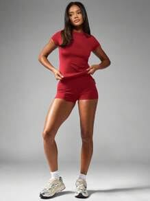 Missguided x Playboy Christmas High Waisted Ruched Bum Scrunch Athletic Booty Shorts Gym Summer Festival Active Shorts - Red - View 4