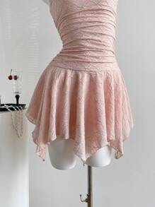 Sweetra Asymmetrical Hemline Y2K Sexy Ribbed Fabric Cropped Camisole Dress - Pink - View 3