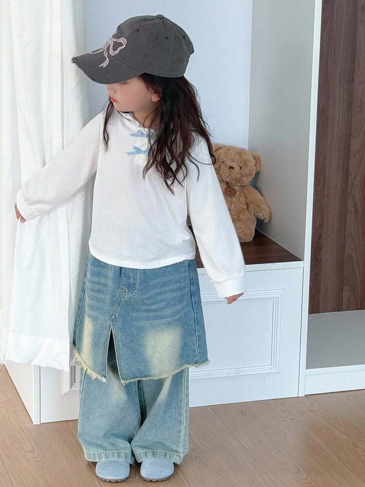 Young Girl Bow Decor Long Sleeve Hooded Casual T-Shirt