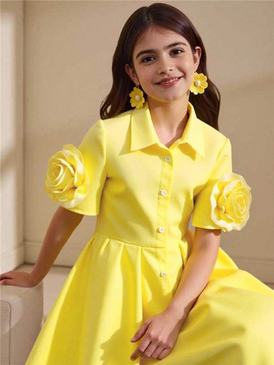 Tween Girl Front Button 3D Floral Decor Short Sleeve Dress - Yellow - View 1