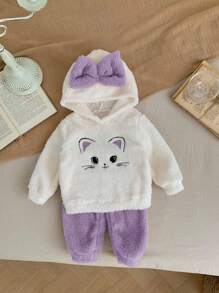 SHEIN LMoss Kids LMoss Babyflicka Söt Tecknad Mönster Fleecehuvtröja Och Resår I Midjan Rosa Byxor Set, Varm Vinteroutfit - Mauve Lila - Visa 6