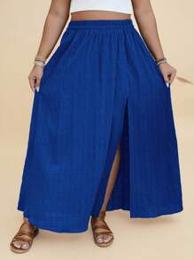 Travachic Falda casual de talla grande para mujer, de cintura elástica, unicolor simple, con abertura alta, para vacaciones